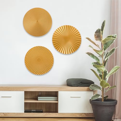 CYEER 3er Set Wanddeko Metall Gold Rund (Ø 30cm) – Moderne 3D Wandskulpturen im Boho-Stil – Elegante Wandobjekte mit Relief-Struktur für Wohnzimmer, Flur & Büro – Metallbilder Set
