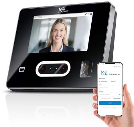 NGTeco Stechuhr Cloud-basiert mit Touchscreen, 4-in-1 Zeiterfassung für Kleinunternehmen, Gesicht/Fingerabdruck/Karte/PIN, 2,4&5 GHz WLAN, Software & App, 10 Chipkarten