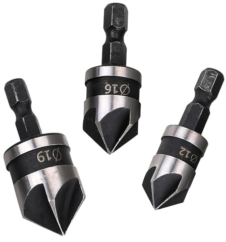 3 Pcs 1/4 Inch Countersink Drill Bit Hex Shank Chamfering,High Carbon Steel Countersink Drill Bit Set - (12mm/16mm/19mm),5 Flute 90 Degree Woodworking Wood Drill Bits(Grey)