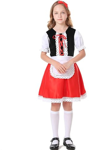 Abito da Ragazza Oktoberfest Dirndl Vestito Bambina Tradizionale per Feste della Tedesco Vestito da Cameriera Bambina Oktoberfest Maidcostume Gonna a Maniche Corte e Calzini (Red, 2-3 Years)
