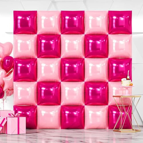 Pink Square Foil Balloons Wall, 25Pcs Double Sided Balloons Backdrop Reusable DIY Tunnel Arch Kit Backdrop for Anniversary Bachelorette Game Engagement Wedding Valentines Decor