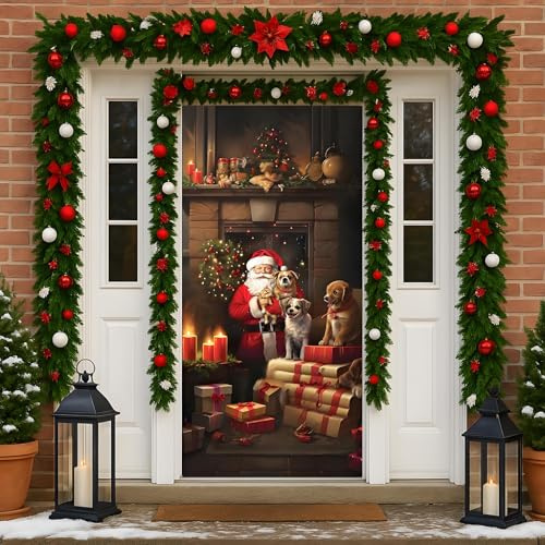 JunD Funda Puerta Papá Noel 90 x 200 cm – Cortina Navideña De Poliéster Lavable con Cierre Velcro para Puerta Entrada Balcón Porche Decoración Navidad