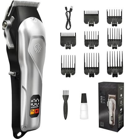 Hair Clipper for Men Professional Cordless Hair Clipper for Home&Barber Use, Rechargeable Trimmer Set for Hair Cuting&Grooming with LCD Display 8 Guide Combs, Birthday Gift for Men(Silver-White)