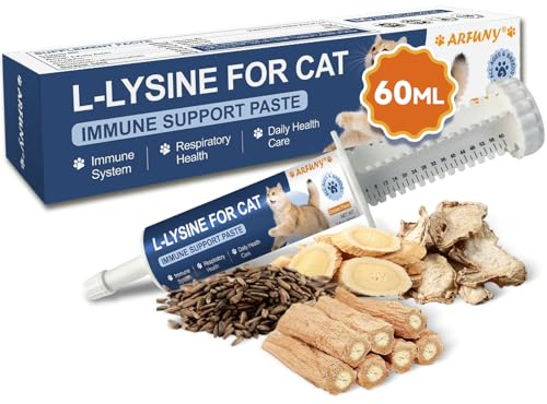 Lisina per Gatti - Rafforza il Sistema Immunitario del Gatto - Contro il Raffreddore Felino, Vie Aeree, Alleva Allergie e Starnuti - Con Taurina, Omega-3, Vitamine - Pasta da 60 ml al Gusto di Pollo