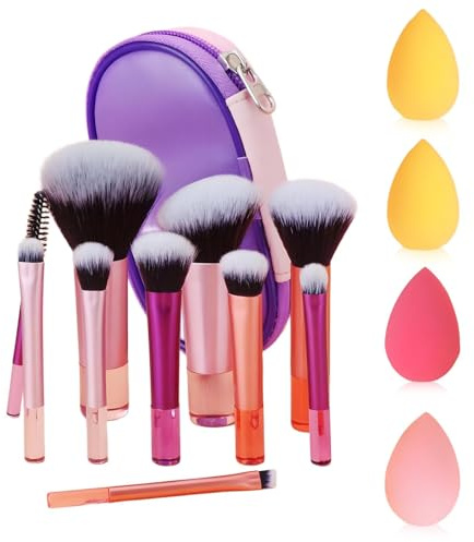 Alriedy 14PCS Mini Travel Makeup Brushes Set Portable Short Handle Cosmetic Brushes, 10 Brushes + 4 Sponges + Pouch – Compact Versatile Essentials for Eyeshadow, Contour, Blush & Touch-Ups