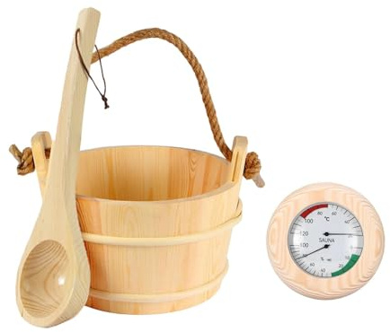 Colcolo Set di secchi e mestoli per sauna, secchio in legno, accessori per sauna con termometro e igrometro