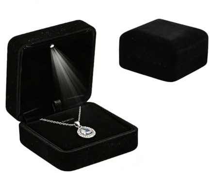 Shengxi Samt Ring Schachtel mit LED Licht, Elegante Samt Anhängerbox für Halsketten, Schwarz Schmuck Geschenkbox für Hochzeit Verlobungsring Valentinstag (B)