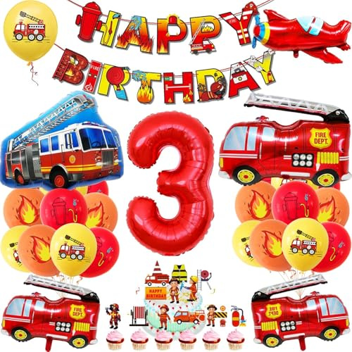 DazzJoy Feuerwehr Geburtstagsdeko 3 Jahre Junge mit Flugzeug Folienballon, Feuerwehr Deko Kindergeburtstag 3, Feuerwehrmann Luftballons Geburtstag 3 Jahre Junge, Feuerwehrauto Luftballon 3. Geburtstag