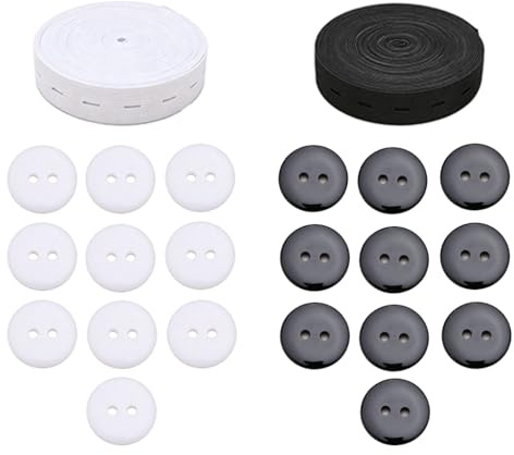 Juego de cinta elástica para costura, 14 m, 2 cm de ancho con 20 botones, goma elástica blanca y negra para reducir pantalones y ropa de maternidad, juego de bandas elásticas ajustables para costura y
