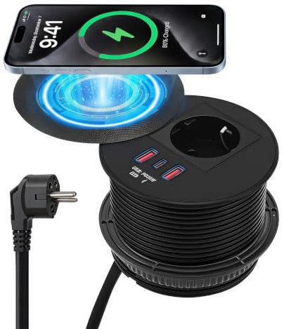 Presa da Scrivania con USB C 20W PD, 2 USB-A e Ricarica Wireless 15W | Presa da Incasso con Coperchio per Cucina, Tavolo e Ufficio, 4000W, Foro 90mm, Cavo 1,8m, Nero