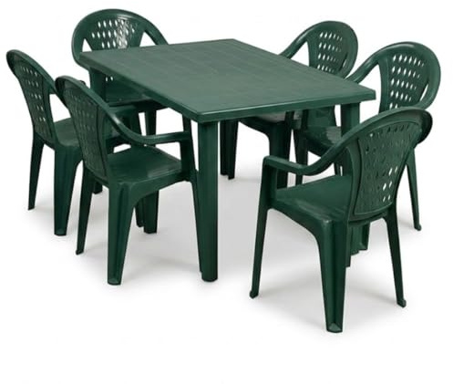 Tomaino - Tavolo e Sedie da Giardino in Plastica -Set Marshall 4 o 6 Posti – Tavolo Rettangolare - Sedie Impilabili con Braccioli per Esterno in Polipropilene - Terrazzo, Balcone, Bar (6, VERDE)