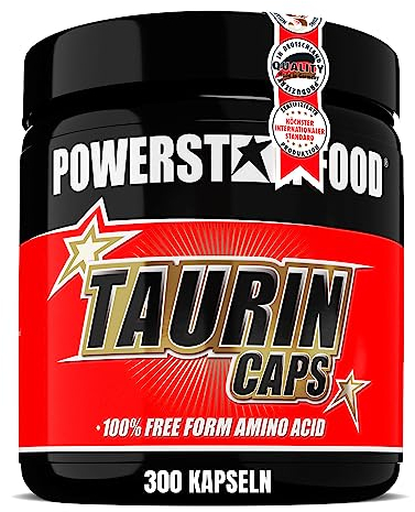 Powerstar TAURIN CAPS | 300 Kapseln HOCHDOSIERT mit 3400mg reinem Taurin pro Portion | Angereichert mit Cofaktor Vitamin B6 | Rohstoffe in Pharmaqualität | Deutsche Herstellung