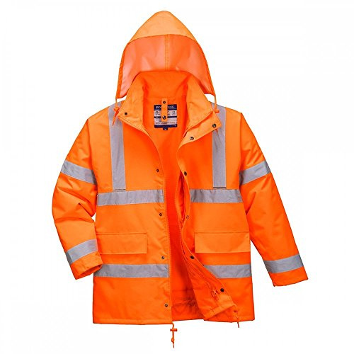 Portwest S468 Herren Jacke 10 Taschen Langarm Wasserdicht Verkehr Polyester | Orange, L, EN ISO 20471 Klasse 3, 300D Oxford, Baumwolle, Verdeckte Handytasche, Elastische Bündchen, Stehkragen