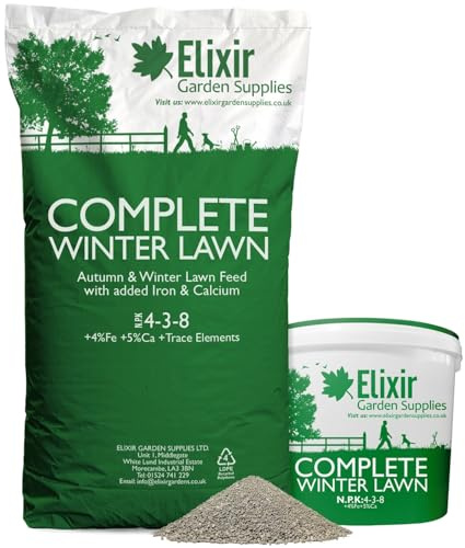 Elixir Gardens Complete Winter Lawn Premium Compund Fertiliser | Autumn & Winter Turf Feed Optimized for British Climate (N.P.K 4-3-8 + 4% Fe + 5% Ca) | 3kg Bag Treats up to 86 sq.m