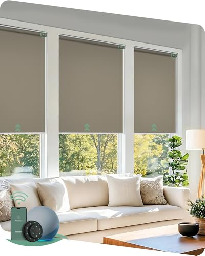 Yoolax Motorized Blinds with Remote, Blackout Smart Blinds for Windows Motorized Waterproof Roller Shades, Automatic Window Shades Work with Alexa Custom Size (Blackout-Vinyl Light Coffee)