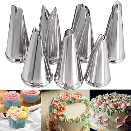 Wowdecor Spritzen-Spritzen-Set, Edelstahl, Spritze, Backzubehör, Kuchen- und Cupcake-Dekoration, mittelgroß, kleine Blumen, Gebäck (Blätterdüsen, 7 Stück)