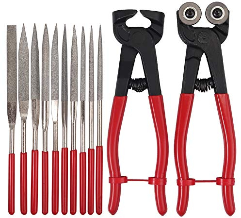 AUTOUTLET Tile Pliers, Tungsten Carbide Mosaic Pliers with 10x Mini Diamond Files Set, YG8 Wheel Blades Cutting Glass Tiles Ceramic Cutter Nipper DIY Tools for Floor Cutting, Trimming, Grinding