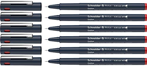 Schneider Pictus Fineliner (linjetjocklek 0,05 mm, dokumentäkta pigmentliner, metallmonterad spets, hölje av 85% återvunnen plast) 6-pack, röd