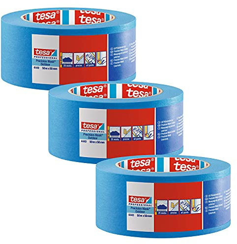 tesa Präzisionskrepp 4440 Außen UV-PLUS Malerband - 3er Pack - Witterungsbeständiger Malerkrepp für den Außenbereich - zum präzisen Abkleben und Abdecken - blau - je 50 m x 50 mm