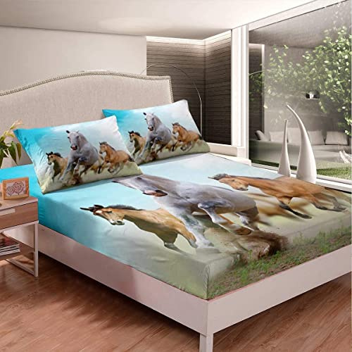 Sábana bajera ajustable infantil de 140 x 200 cm para niños y niños, diseño de caballo galopante, estampado natural, diseño de animales salvajes 3D, juego de sábanas con fundas de almohada decorativas