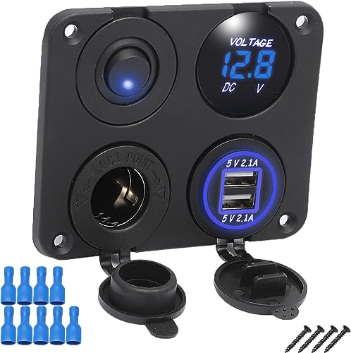 FanPaYY 4in1 Auto-Ladegerät-Schalttafel Schutzhülle DualUSB Blaue Voltmeter | Zigarettenanzünder-Buchse, ON/Off Kippschalter passend Auto Marine Boot LKW