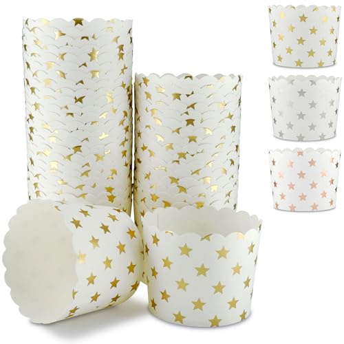 Frau WUNDERVoll® 25 Muffin Backformen weiß, goldene Sterne, Durchmesser 6,1 cm/Muffinbackform, Muffinform, Backformen, Backförmchen, Cupcake Formen, Muffin Förmchen Papier