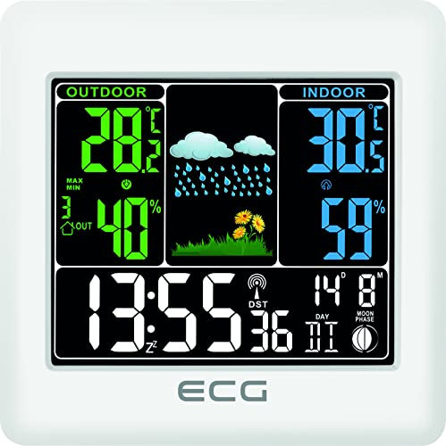 ECG MS 300 - Stazione meteo multifunzione con sensore esterno radio, previsioni meteo per 1 giorno, termometro, igrometro, per interni ed esterni (display a colori), colore: Bianco S