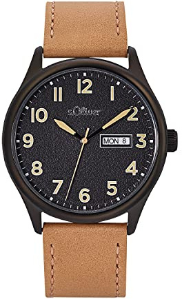 s.Oliver Armbanduhr Herren Quarzuhr Analog, mit Leder Armband, 5 bar Wasserdicht, Kommt in Uhren Geschenk Box