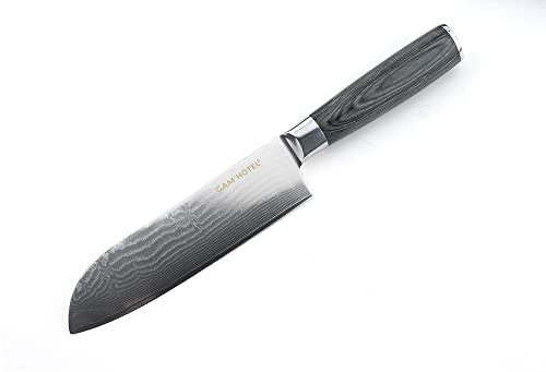 Gam'Hotel - Couteau santoku damarus 29,5cm | Professionnel, Lame tranchante 16 cm, Acier damas, Manche bois Pakka, Etui de protection