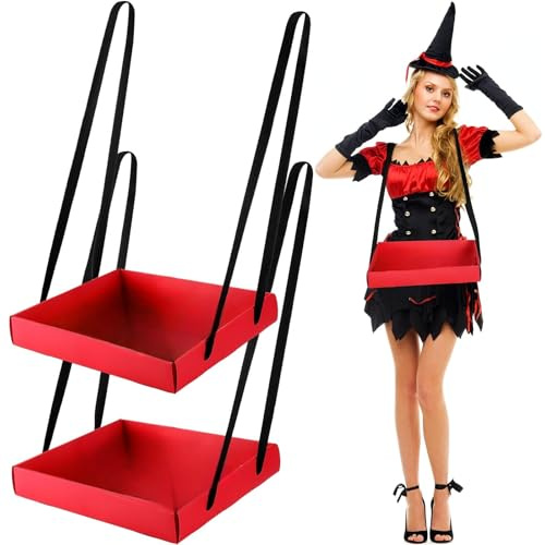 Junkin 2 Pcs Snack Trays with Strap Wearable Party Serving Tray Foldable Usherette Popcorn Drink Beverage Carrier Red Movie Night Costume Accessory Prop with 4 Ribbons, 2 x 11 x 13 Inches(Red)