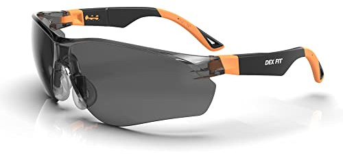 DEX FIT Säkerhetssolglasögon SG210, Z87 ögonskydd, anti-dimma och repbeständiga, justerbar för kvinnor och män, UV-skydd (svart och orange ram, tonad lins)