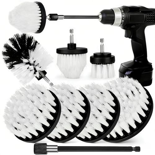 8 Pack Drill Brush Attachment Set,1/4in Power Scrubber Brush + Extend Long Rod, Power Cleaning Scrub Brush for Bathroom, Tub, Tile, Floor, Grout, Boat(White)