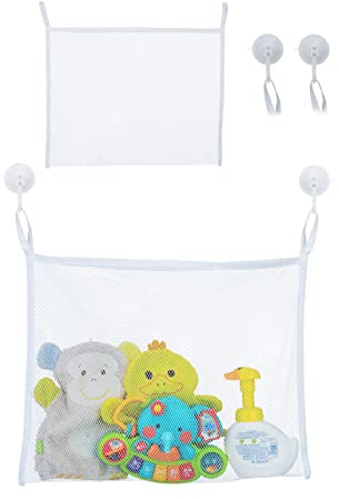 Relaxdays Badespielzeug Aufbewahrung, 2er Set, Badenetz mit Saugnäpfen, HxB: 35 x 45 cm, Badewannentasche Kinder, weiß | Badenetz mit Saugnäpfen, HxB: 35 x 45 cm, Badewannentasche Kinder