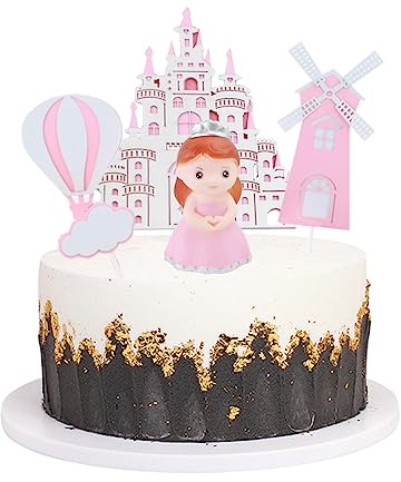 Daimay 10PCS Girl Princess Castle Cake Deco Princess Doll Figures Cake Topper Cartoon Pink Happy Birthday Party Decorations Ferris Wheel Castle Cupcake Topper for Princess Theme Birthday Party