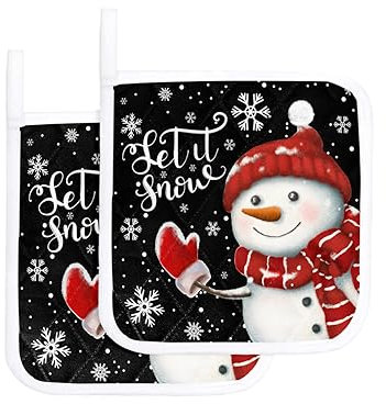 Confezione da 2 presine natalizie con pupazzo di neve nero, con fiocco di neve invernale per cucina, con anello per appenderlo, classico supporto nero per forno, presine lavabili, per cucinare e
