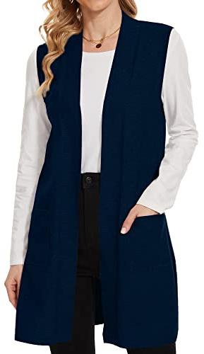Breezy Lane Cardigan da donna senza maniche a coste con apertura frontale drappeggiato gilet spolverino lungo maglione giacca con tasche, Marina Militare, S