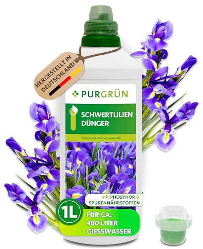 Purgrün® Schwertlilien-Dünger 1 Liter – Mineralische Rezeptur – Premium-Flüssigdünger mit Spurennährstoffen – NPK 10+8+6 – Mit Spurennährstoffen – Für eine intensive Blütenbildung