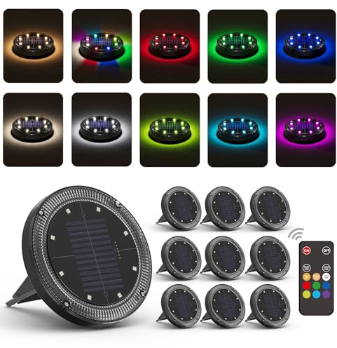 Color Changing Solar Ground Lights with 33ft Long Distance Remote Control - Flat Solar Lights Outdoor Waterproof - Pathway Lights Solar Powered for Yard Decorative Outside Lawn Walkway [10 Pack]