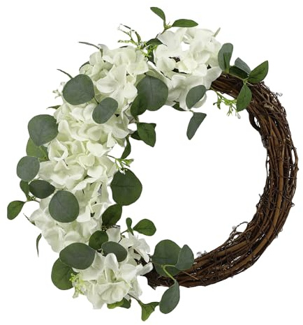 COLLECTIVE HOME - Artificial Wreath, 20 Artificial Wreath for Front Door, Spring Green Leaf for Window Wedding, Home Porch Patio Garden Decor (Grapevines Cream Hydrangeas)
