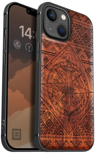 Carveit Coque magnétique pour iPhone 13 Coque Bois Cover, Bois Etui de téléphone Antichoc Compatible Magsafe avec Apple 13 Case (Rosé-Zendoodle Géométrie Nautique)