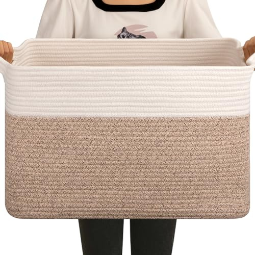 OIAHOMY Large Blanket Basket, 65L Cotton Rope Woven Laundry Basket, Toy Bin for Baby Room, Container for Blanket Storage in Living Room, 20''×16''×12'', Brown & White