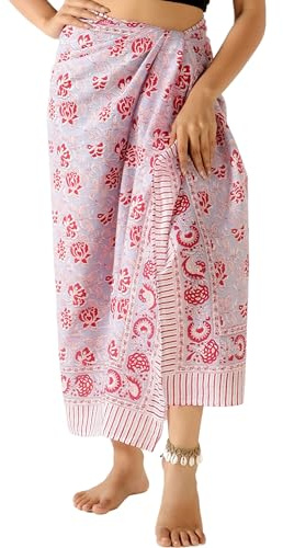 THE ART BOX Pareo 100% algodón para mujer, traje de baño con estampado de bloques de mano indio, falda envolvente, falda envolvente para playa, salida de baño largo (73 x 43 pulgadas)