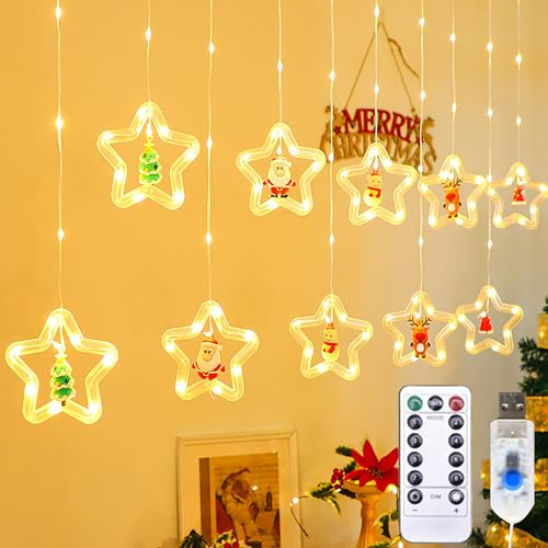 LIBRNTY 120 LED Weihnachtsdeko Fenster Beleuchtet,Weihnachten Fenster Vorhang Lichter,Lichterkette Gardine für Weihnachten mit 8 blinkenden Modi für,Balkon,Party,Kommt mit 10 S-förmigen Cliphaken