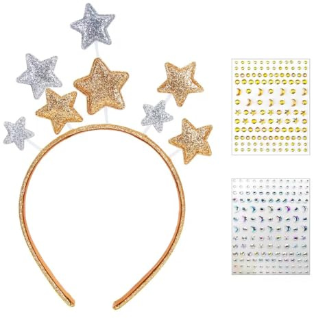 Weihnachten Sterne Haarreifen,Glitzer Sterne Haarbänder mit 2pcs Gesichtsaufkleber,Handmad Haarschmuck,Haarbänder Schmuck Dekoration für Frauen Mädchen