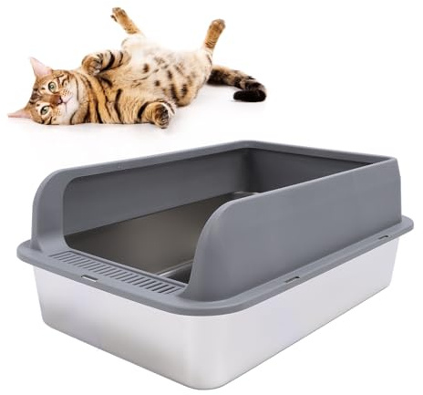 Katzentoilette aus Edelstahl mit Deckel, Katzentoilette, Katzentoilette, Antihaftbeschichtete Edelstahl-Katzentoilette mit Hohen Seiten, Extra Große Katzentoilette, (Groß)