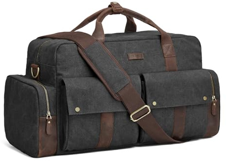 S-Zone Uni Reisetasche aus Segeltuch, 56 l, Lederbesatz, Wochenendtasche, Sporttasche für Reisen, Wochenende, Urlaub, Schwarz