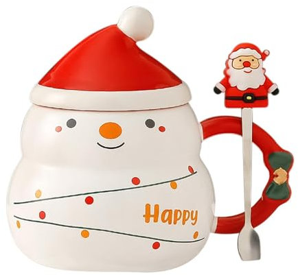 Generisch Weihnachtstasse Mit Löffel, Weihnachts-Keramiktasse, Niedliche Christmas Kaffeebecher Mit Weihnachtsmütze Deckel, Weihnachts Teetasse Trinkbecher Für Frauen Mädchen Kollegin
