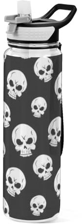 Mnsruu Transparente Sport-Wasserflasche mit Strohhalm, auslaufsichere Trinkflasche, weißer Totenkopf, weiß, Fahrradflaschen für Sport, Büro, Schule, BPA-freier Tritan-Kunststoff, 1 Liter