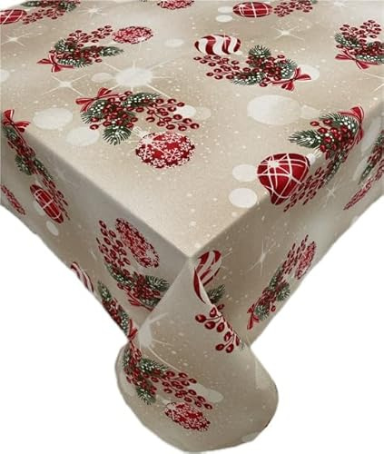 1KDreams Tovaglia Natalizia. Palline di Natale, Agrifoglio e Fiocchi di Neve. Fili effetto Oro. Lurex. Tovaglia da Tavola Moderna Shabby Chic (Beige, 130x300 cm)