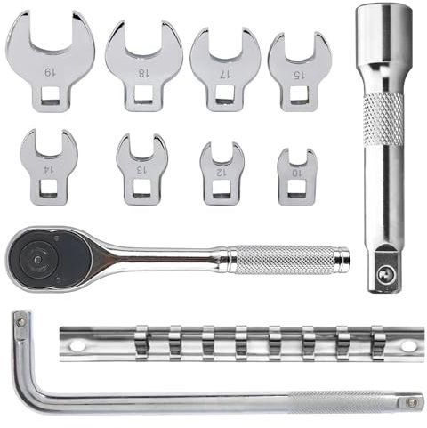 srmiqlye 12 Pezzi Set Cricchetto 3/8 Pollice, Chiave Aperta + Stelo di Prolunga + Chiavi Inglesi a L, Portatile Set Chiavi Combinate, Set di Chiavi a Corno da 10-19 mm